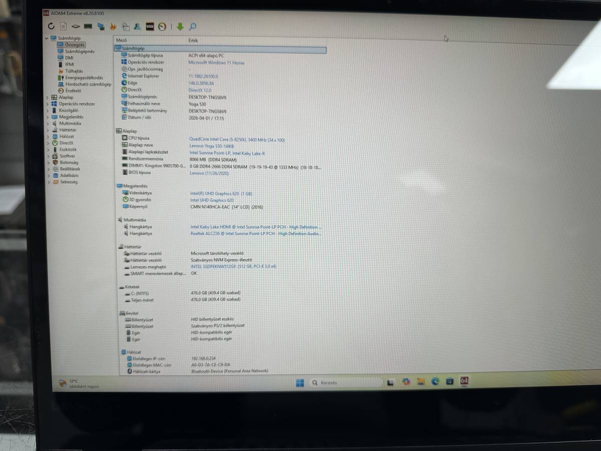 Lenovo Ideapad Yoga 530-14IKB 2in1 14" FHD &Eacute;rintőkijelző i5-8250U 8GB DDR4 , 480GB M.2 SSD Win11 Pro , &eacute;rintőceruz&aacute;val, FEL&Uacute;JITOTT notebook